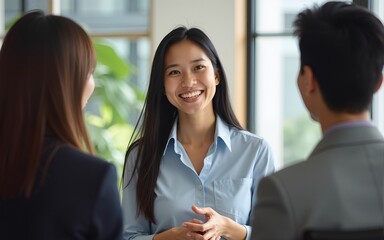Interactive discussion. Happy smiling Asian woman team leader project manager hold open dialogue on briefing with diverse multiracial corporate team ask opinions listen to ideas insights propositions