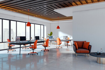 Modern corporate office interior with orange chairs, wood ceiling, and panoramic city view through large windows in a bright open layout. 3D Rendering