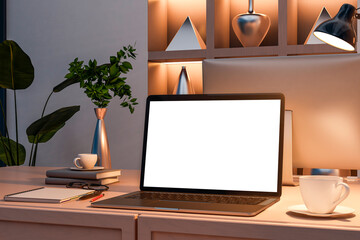Modern home office with laptop on desk in cozy evening lighting and elegant interior decor setup for creative or business work environment. 3D Rendering