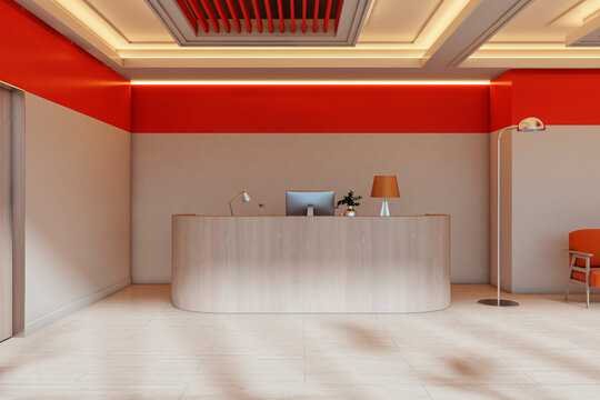 Modern corporate office reception interior with curved wooden desk, red-orange accents, and warm lighting in an inviting work environment. 3D Rendering