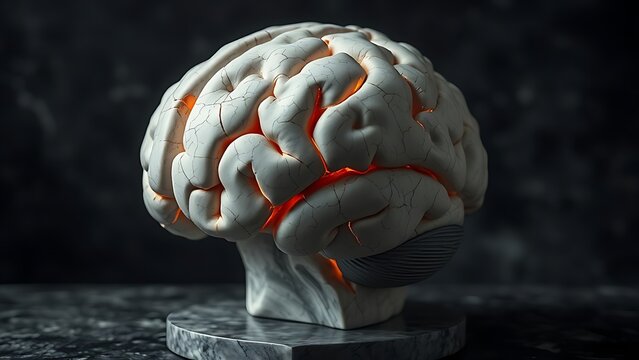 psychological. A cracked marble brain sculpture with fading internal light on a dark background. wellbeing guides, coaching materials, designed for coaching and self-improvement content.