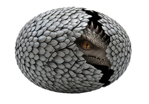 Majestic dragon emerging from a shattered egg, scales glinting, amber eye piercing, fantasy reborn in a captivating, mythical, enchanting birth
