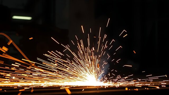 blacksmith. Sparks fly in a dark workshop, creating dramatic trails of light in an industrial setting. safety posters. - Powered by Adobe