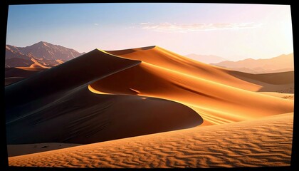 Vast desert landscape with rolling sand dunes illuminated by the warm glow of a setting sun, with distant mountains under a clear sky.