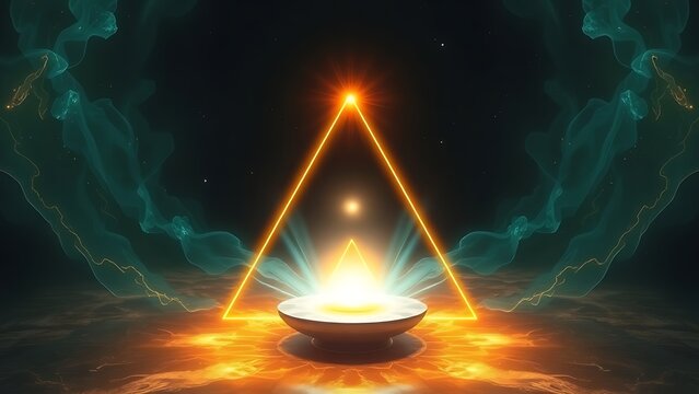 equilibrium. Three glowing energy cores suspended in a perfect triangular formation, symbolizing balance and harmony. STEM education sheets.