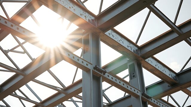 rigidity. Close-up of industrial metal beams with striking shadows and textures under sunlight. safety posters, maintenance manuals, designed for precision metalworking and fabrication facilities.