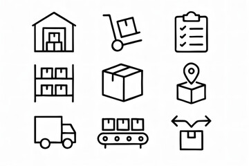 Shipping and Delivery Icon Set: A collection of simple, stylized icons represents various aspects of the shipping and delivery process, showcasing logistics operations.