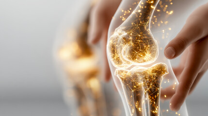 Visualization of human knee joints with interconnected glowing nodes and digital network effects highlighting orthopedic and medical innovation concepts
