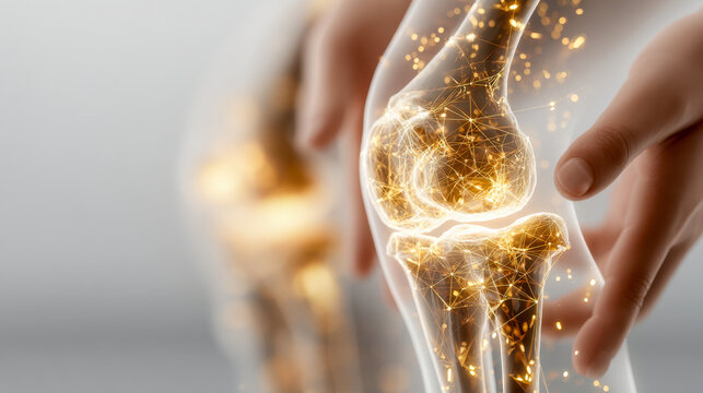 Visualization of human knee joints with interconnected glowing nodes and digital network effects highlighting orthopedic and medical innovation concepts