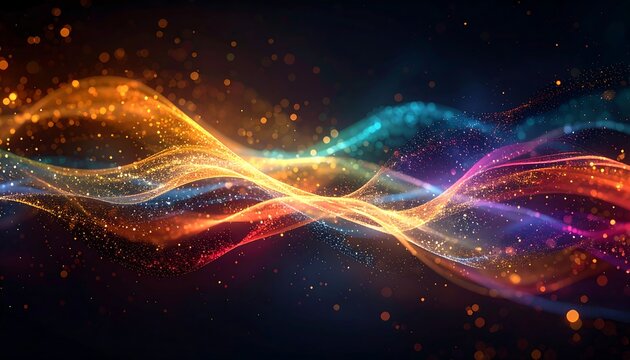Abstract light streaks, colorful waves, and shimmering particles against a dark background create a dynamic, ethereal design - Powered by Adobe