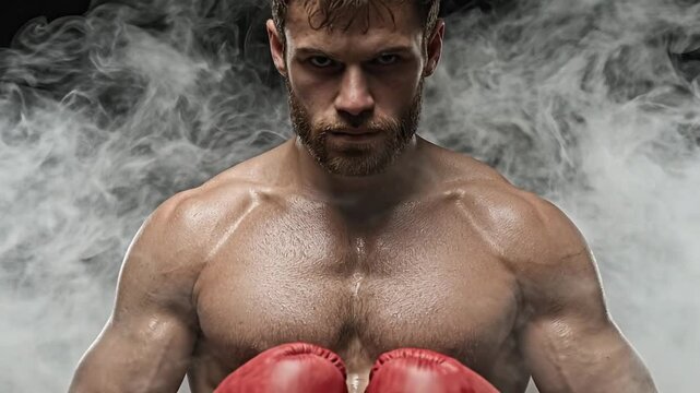 An intense sweaty shirtless man with a beard and red boxing gloves stares directly at the camera surrounded by white smoke against a dark background