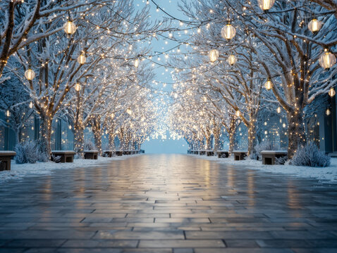 Festive winter street decorated with twinkling lights and snow-covered trees
