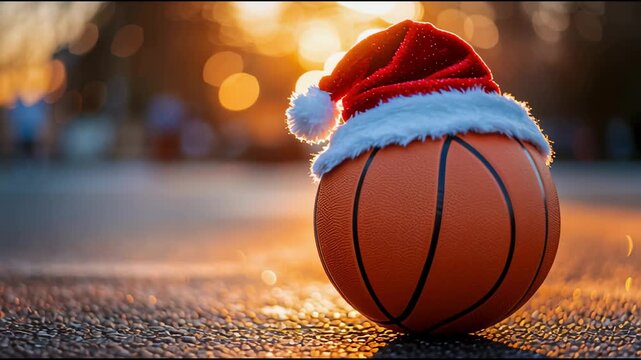A basketball wearing a Santa hat for Christmas. The ball is on a paved court, lit by the soft light of sunset.	