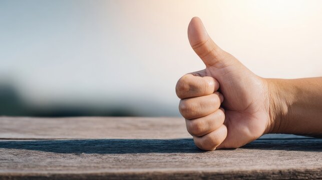 Hand giving thumbs up gesture on wooden table during daylight, expressing approval or positivity