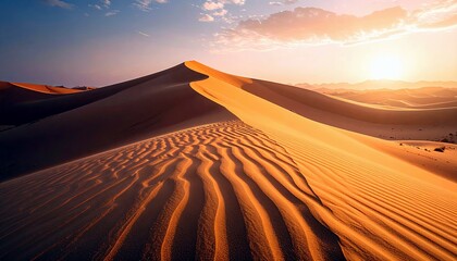 Vast desert landscape featuring rolling sand dunes sculpted by wind into intricate patterns, illuminated by the warm glow of a setting sun.