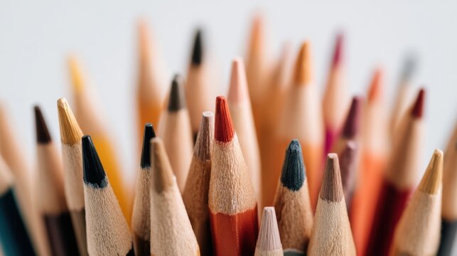 Variety of colored pencils arranged in a vibrant display, perfect for art and creativity - Powered by Adobe
