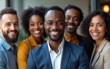 Successful diverse business team portrait. African American businessman leader smiles with colleagues. Corporate people group together. Teamwork, partnership, confident, pro. High quality