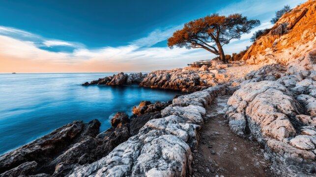Scenic coastal view with rocky shoreline and tree at sunset near water