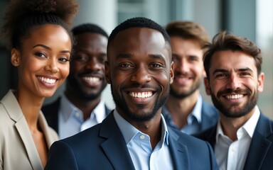 Successful diverse business team portrait. African American businessman leader smiles with colleagues. Corporate people group together. Teamwork, partnership, confident, pro. High quality