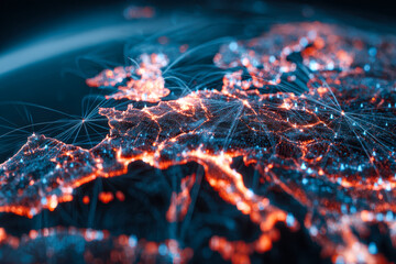 Illuminated digital map highlighting connectivity across Europe with glowing network nodes and lines.
