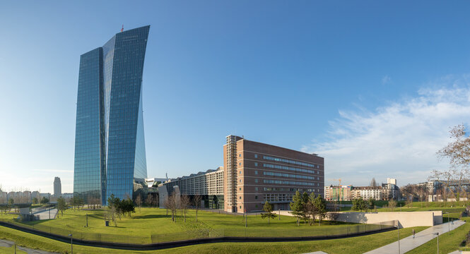 panoramic view to hafenpark in ostend, frankfurt am Main, Germany with new building of ECB