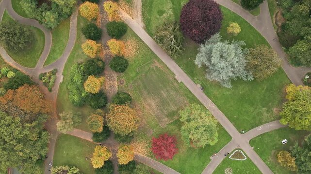 Top-Down aerial video of Autumn trees, foliage and pathways in Grosvenor Park, Chester, Cheshire, England