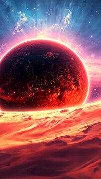 Vertical video: Rising planet moving over horizon dunes, corona growing and showing molten hotspots