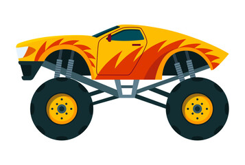Monster truck. Bright colorful cartoon auto with big wheels. Heavy car with large tires and black tinted windows. Isolated rally 4x4 computer or mobile game