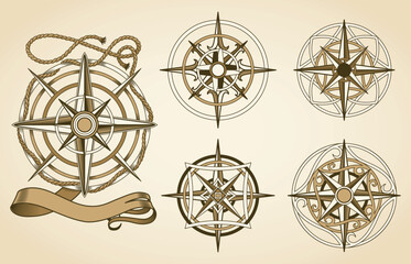 Retro nautical compass set. Hand drawn wind rose. Old vector design element for marine theme and heraldry. Vintage rose of wind for sea marine navigation