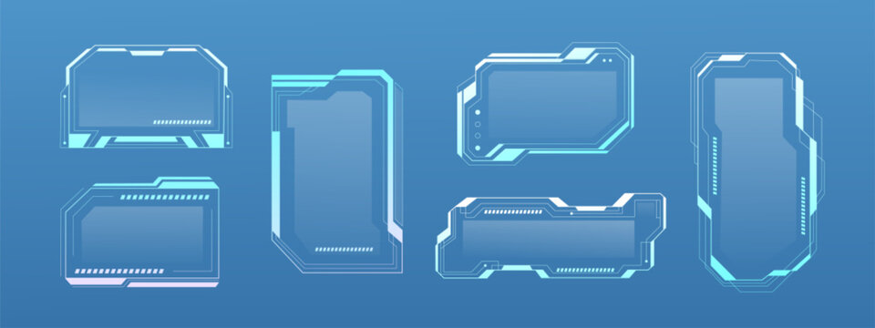 Tech UI frame in cyberpunk style with neon blue digital interface elements. Futuristic HUD design, game screen and scifi elements for modern graphic backgrounds. Vector element with glowing borders.