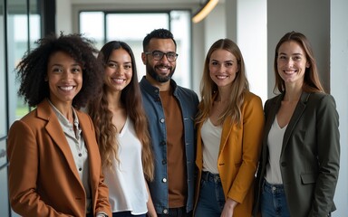 Portrait of multicultural colleagues stand and pose at company hallway. High quality