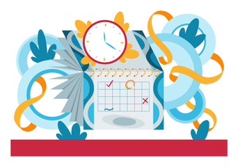 Planning concept. Vector entrepreneurship and calendar schedule planning with filling course campaign. Business meeting and events organizing process, office working