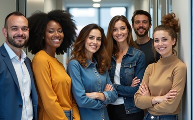Portrait of multicultural colleagues stand and pose at company hallway. High quality