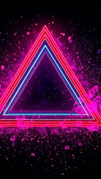 Vertical video: Looping neon triangles pulsing in void, forming neon bars, creating tunnel