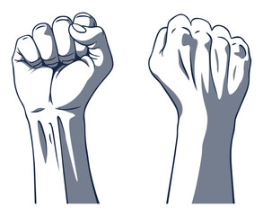 Rised fist hand gesture monochrome drawn emblem. Vector hand clenched into fist and rising up, symbol isolated on white background. Power sign. Human hand up in the air