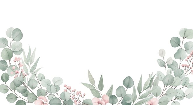 Watercolor illustration of eucalyptus leaves and delicate pink flowers forming a graceful botanical border on a white background. - Powered by Adobe