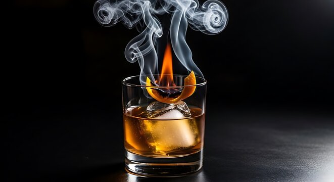 Smoked cocktail with a flaming orange peel garnish over a sphere ice cube on a black background