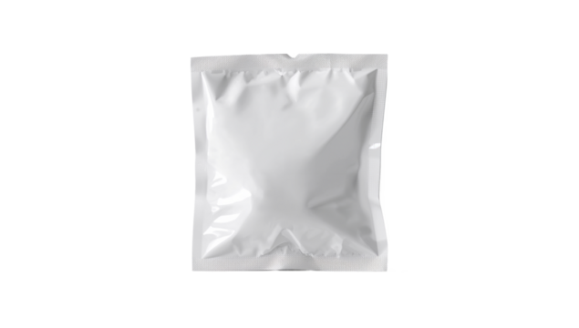 Close up of a small square white packet on black background