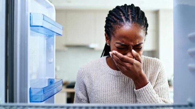 Black woman disgusted by bad smell coming from refrigerator holding nose because of spoiled food at home.
