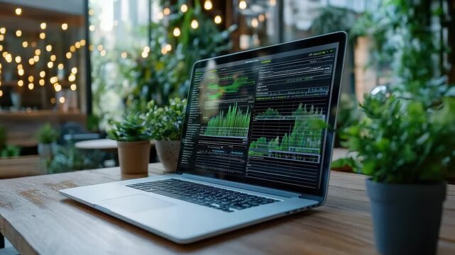 Laptop financial analytics dashboard with green charts graph data on wooden table with plants - Powered by Adobe