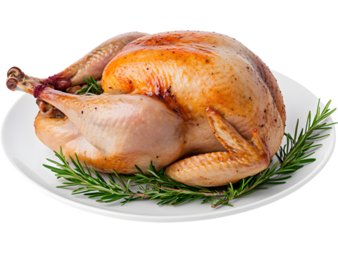 Whole roasted turkey  isolated on white. Perfect for holiday, Thanksgiving, and festive food designs.