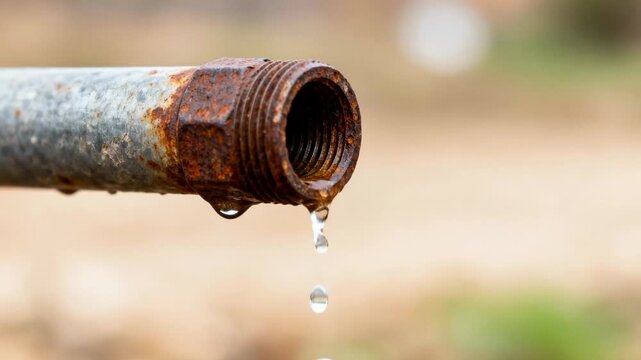 Close up of rusty leaking pipe with dripping water, concept of water scarcity, drought and resource conservation.