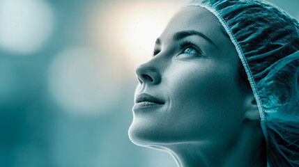 Thoughtful medical professional in protective cap looking upward with a hopeful expression against a softly blurred clinical background in cool tones