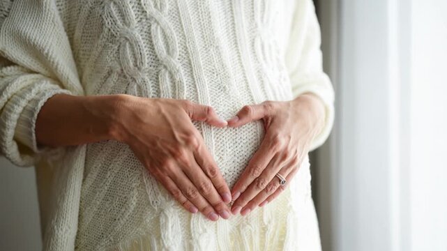 Pregnant woman making heart shape with hands on belly expressing love and motherhood.