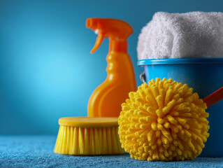Bright cleaning tools including a yellow scrub brush, a mop head, an orange spray bottle, and a white towel in a blue bucket against a blue background
