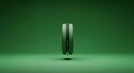 A modern, sleek electronic device with a minimalist design floating against a solid green background, emphasizing technology and innovation