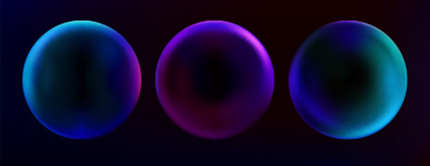 3D gradient spheres and abstract bubbles on black background. Futuristic flowing shapes blend neon colors from blue and green to purple with soft light effects. Dynamic fluid modern circular forms.