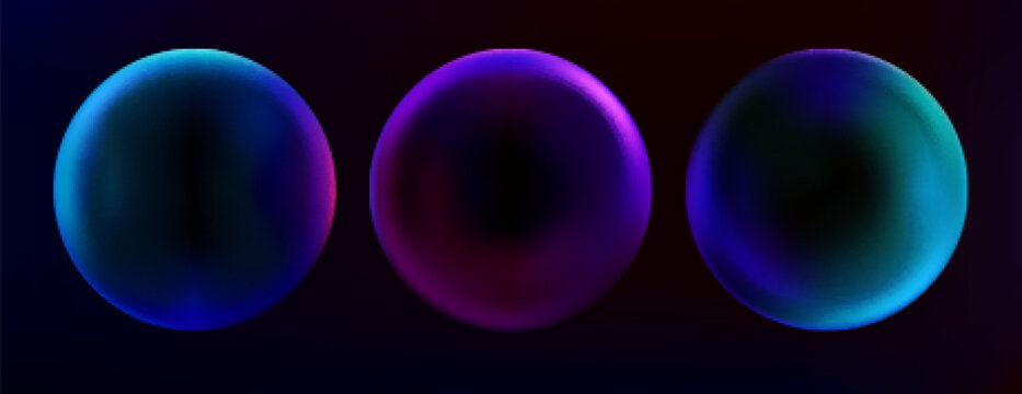 3D gradient spheres and abstract bubbles on black background. Futuristic flowing shapes blend neon colors from blue and green to purple with soft light effects. Dynamic fluid modern circular forms. - Powered by Adobe