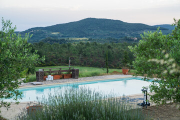 Fototapeta premium Swimming pool with clear water on a stone terrace overlooking olive trees, wildflowers, and forested hills during sunset in the countryside of Tuscany, Italy, with soft light over the landscape.