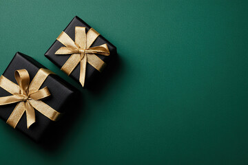 Two black gift boxes with golden ribbons on green background
